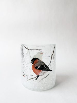 Lysglass krakelert frostet dompapp 9x10 cm Akvarell malt av Anita Sletten Nordicwild