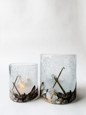 Lysglass krakelert frostet blåskjell/anker 9x10 cm